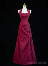 Wine Red A-Line Halter Vintage Style Prom Dress, Wine Red Long Evening Dress